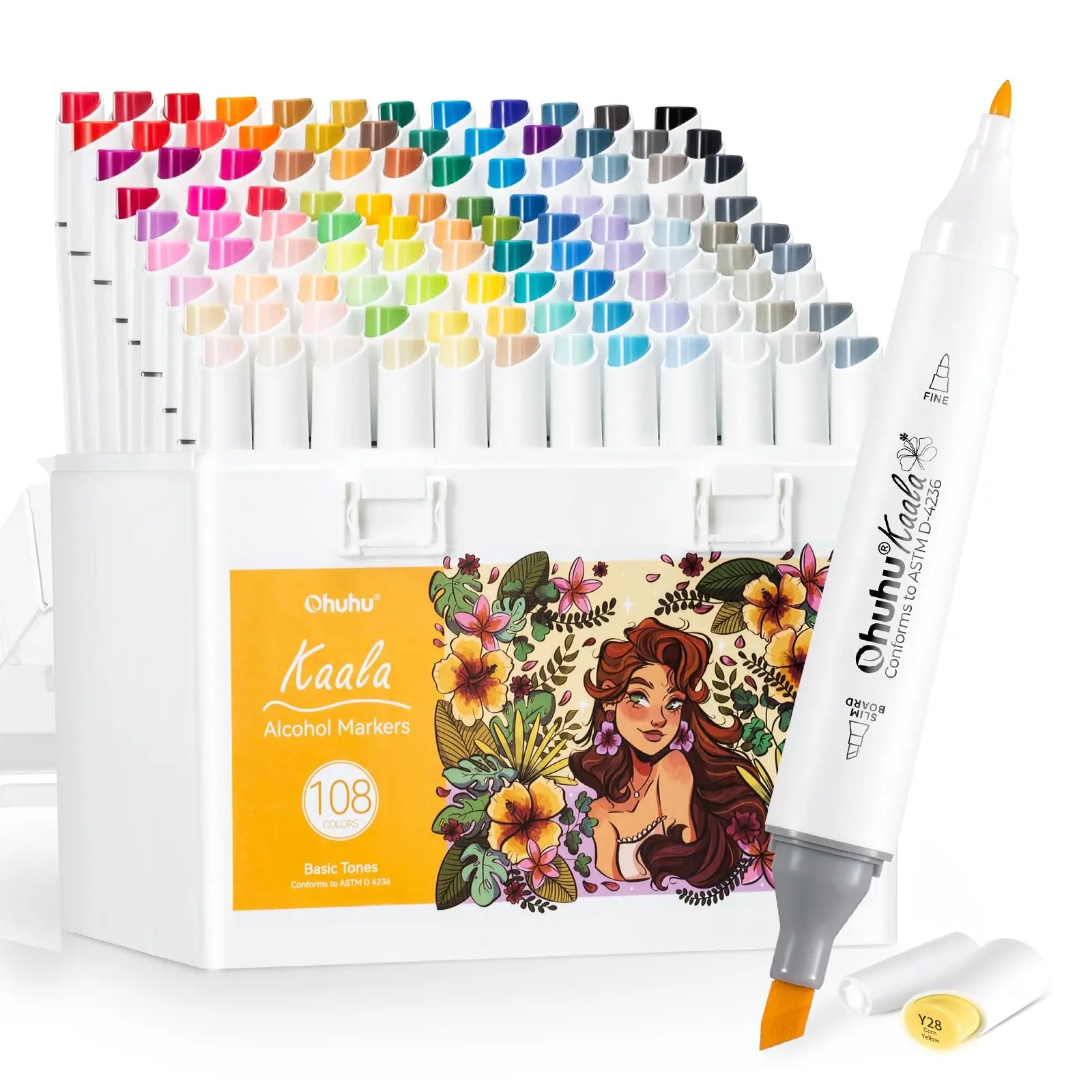 Ohuhu Kaala Series Alcohol Markers - 108 Colors, Fine & Slim Broad Chisel Dual Tips, Alcohol-Based Refillable, 1 Colorless Blender, Markers for Coloring, Artistry, Artist Lifetime Use for Illustration Drawing Manga