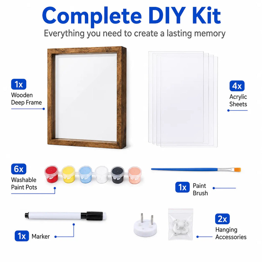 DIY Family Handprint Frame Kit, Solid Wood Shadow Box Keepsake Frame with Acrylic Sheets, Washable Paints, Brush & Marker, Family Handprint Art Craft Kit for Kids, Parents, Baby Nursery Decor, Birthday & Gift, Create Lasting Memories