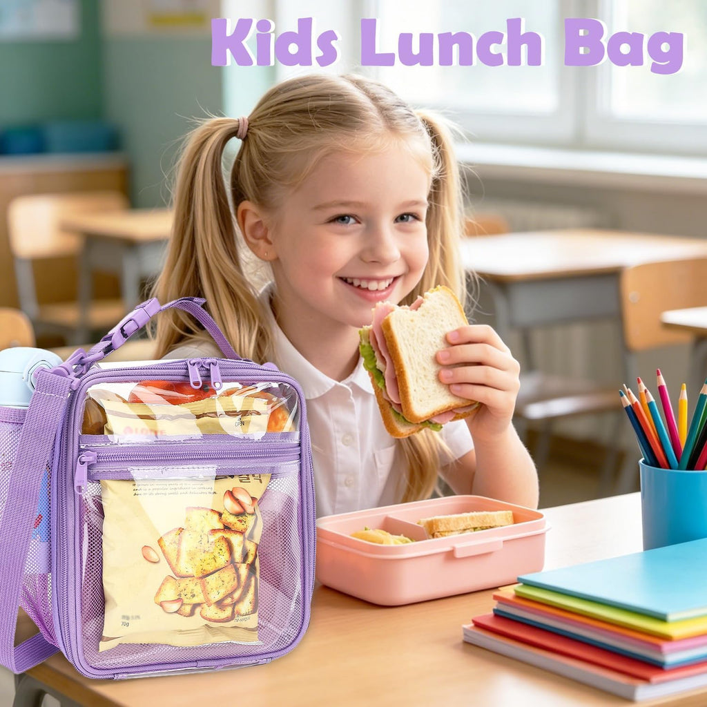 Kids Lunch Box Insulated Soft Bag Mini Cooler Back to School Thermal Meal Tote Kit for Girls, Boys, Purpleclear