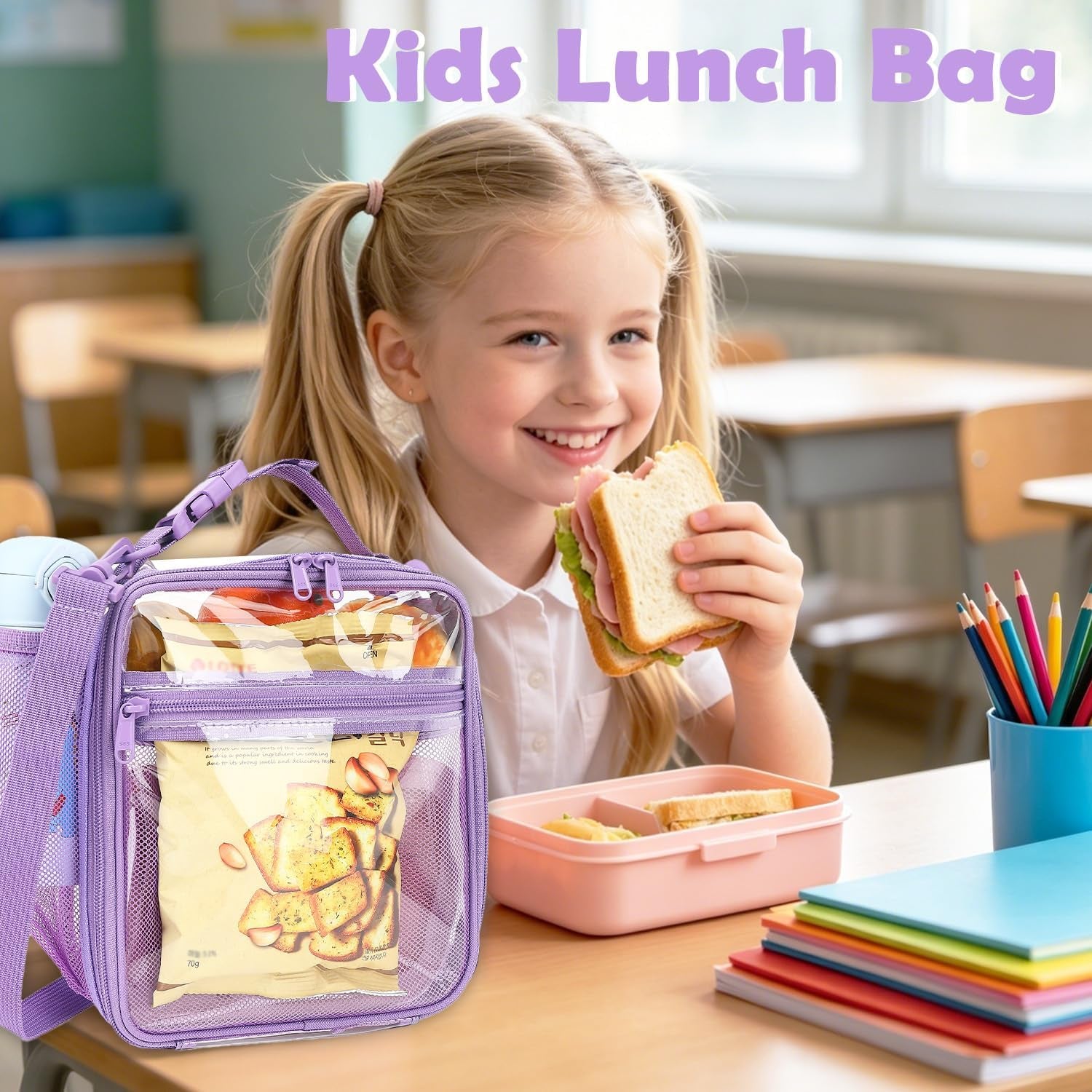 Kids Lunch Box Insulated Soft Bag Mini Cooler Back to School Thermal Meal Tote Kit for Girls, Boys, Purpleclear