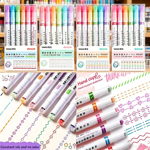 6-24Pcs/Set Heart Flower Line Shape Highlighter Pen Roller Tip Curve Liner Marker Kawaii Cute Stationery School Supplies