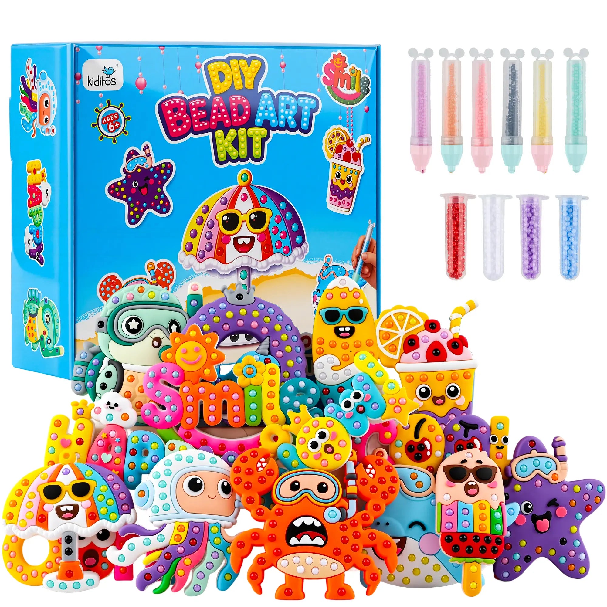 Kiditos DIY Bead Art & Mosaic Kit for Kids Ages 3+, All-In-One Arts & Crafts Supplies with Cute Templates & Bead Pens, Make Custom Jewelry Fine Motor Hands-On Activity, Perfect Birthday & Holiday Party Gift for Girls Boys
