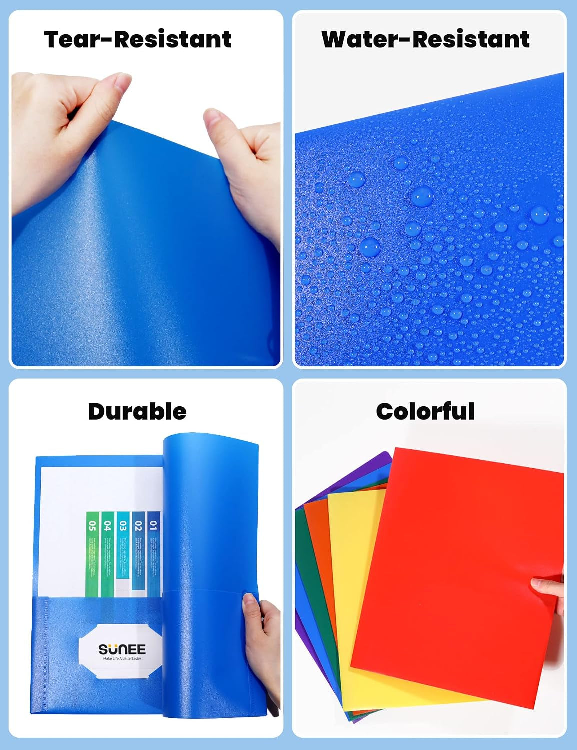 Folders with Pockets (6 Pack, Assorted Colors), Plastic Folders with Pocket, Poly Folder for Documents Letter Size, 2 Pocket Folder for Kids, Home, School, Office