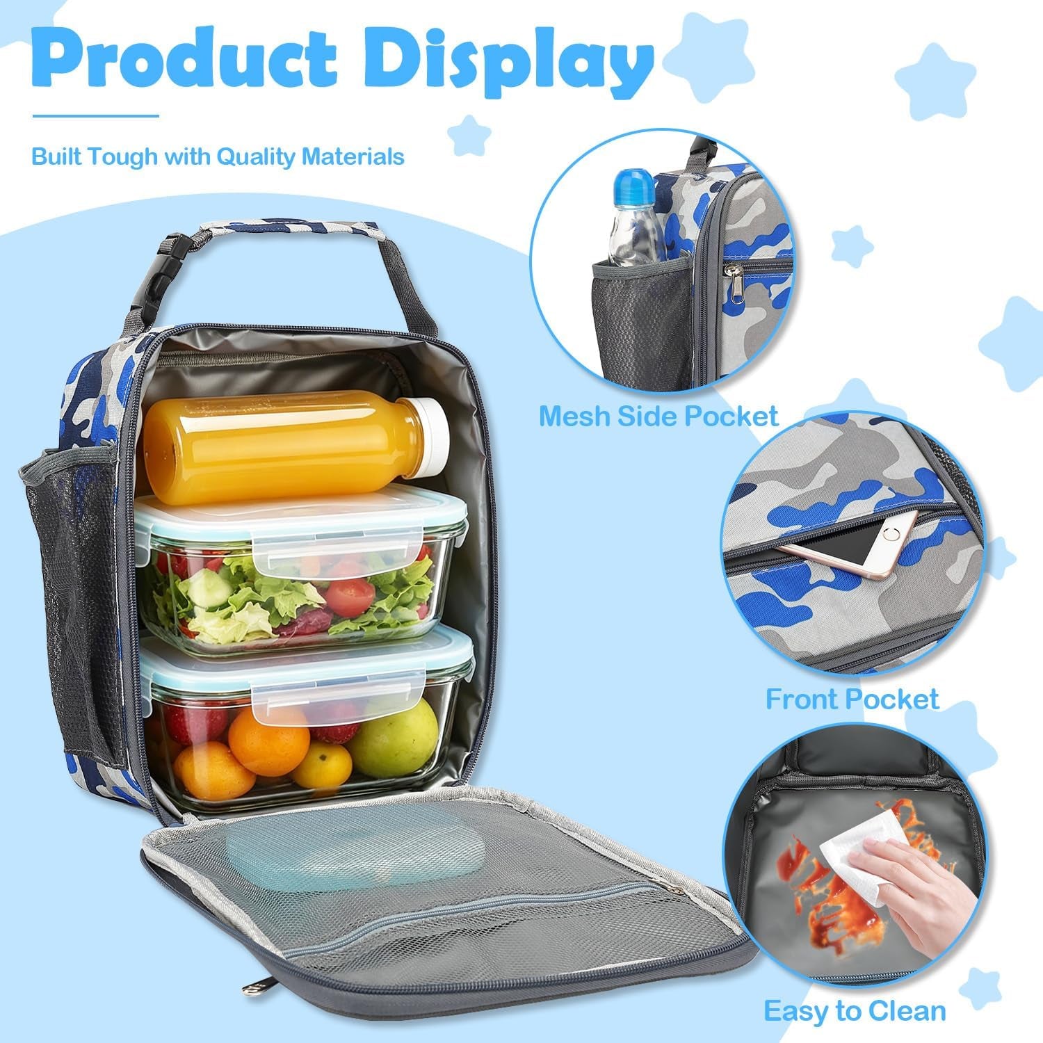 Kids Lunch Box Insulated Soft Bag Mini Cooler Back to School Thermal Meal Tote Kit for Girls, Boys, Camo
