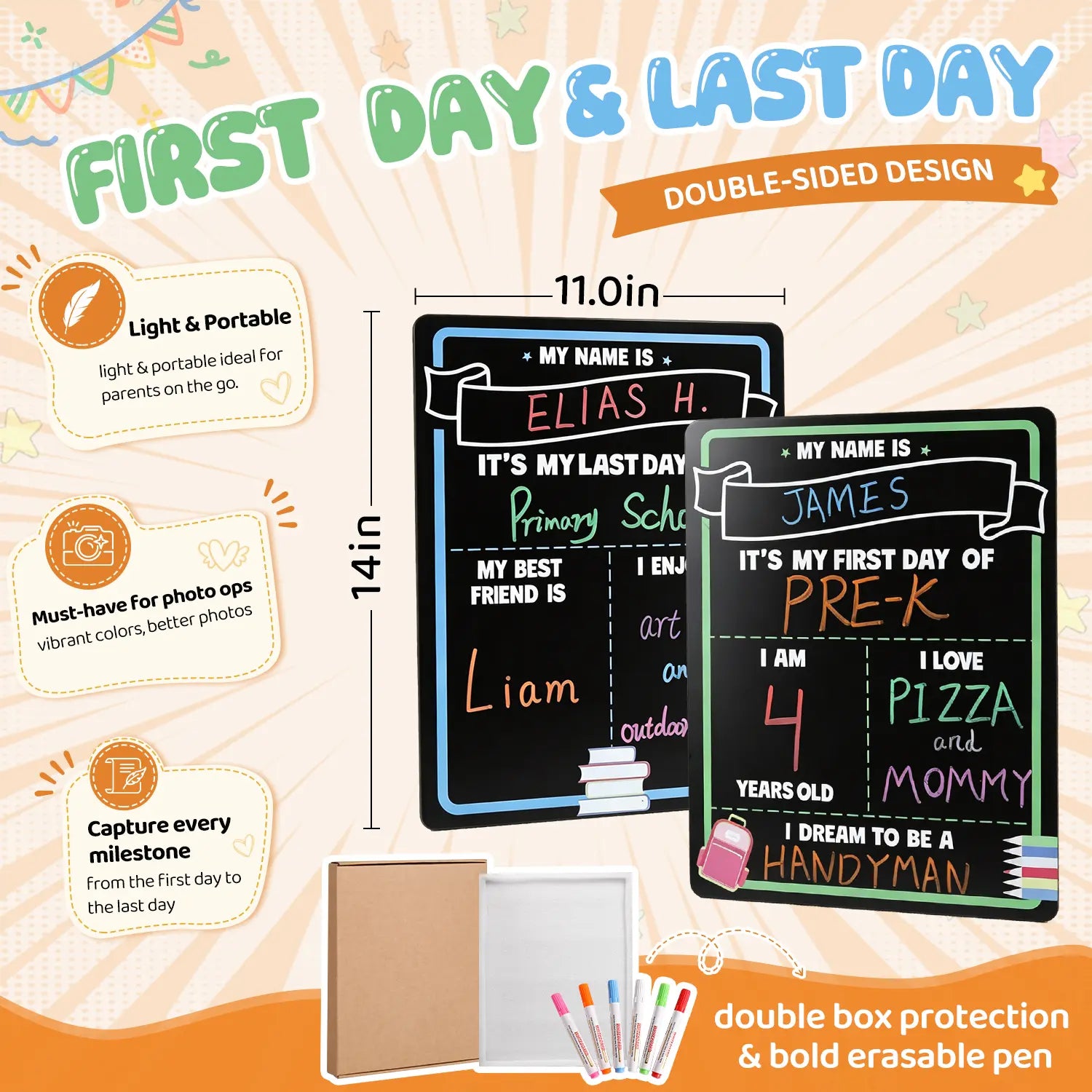First Day of School Sign Reusable Chalkboard | First & Last Day Photo Board for Kids | Back to School Memory Sign | Photo Prop to Record Memories for Kids
