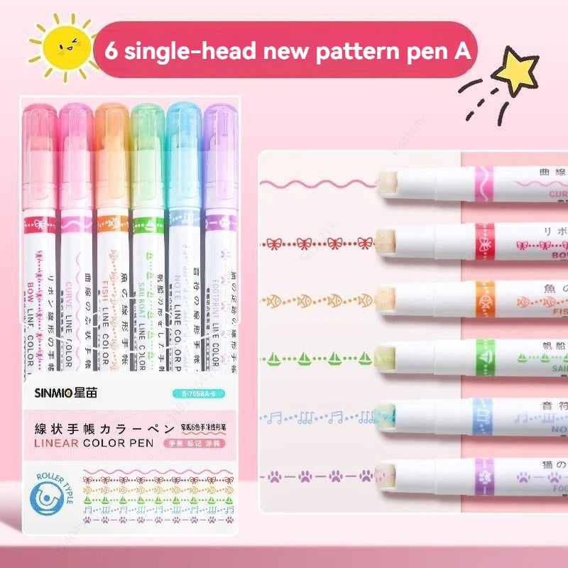 6-24Pcs/Set Heart Flower Line Shape Highlighter Pen Roller Tip Curve Liner Marker Kawaii Cute Stationery School Supplies