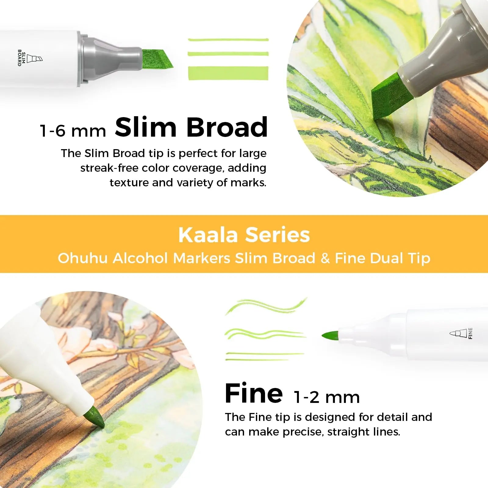 Ohuhu Kaala Series Alcohol Markers - 108 Colors, Fine & Slim Broad Chisel Dual Tips, Alcohol-Based Refillable, 1 Colorless Blender, Markers for Coloring, Artistry, Artist Lifetime Use for Illustration Drawing Manga