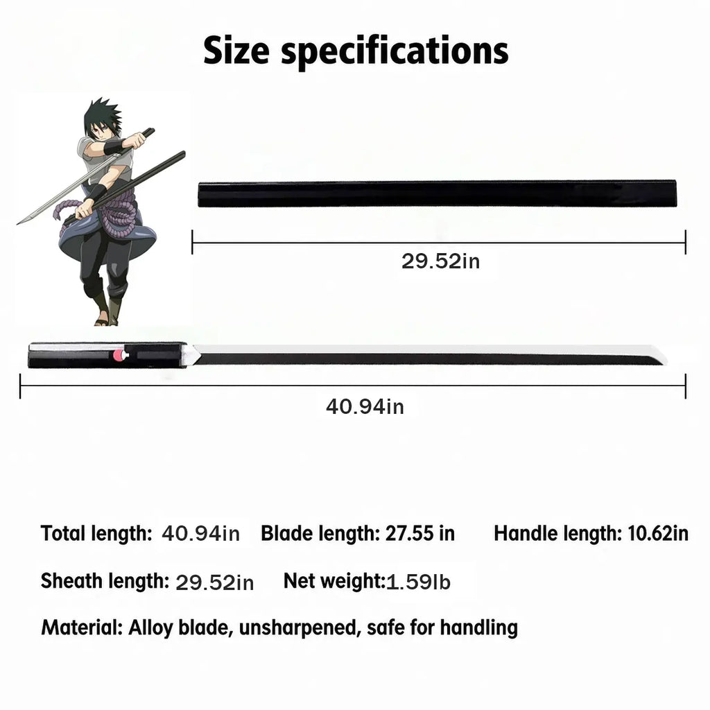 Naruto Shippuden Cosplay Weapon Sasuke Kusanagi Blade, Full Size 104Cm Wooden Unsharpened Sword, Black Gloss Sheath with Uchiha Clan Logo, Safe Costume Prop for Comic Con Halloween Anime Collection Toy Knife