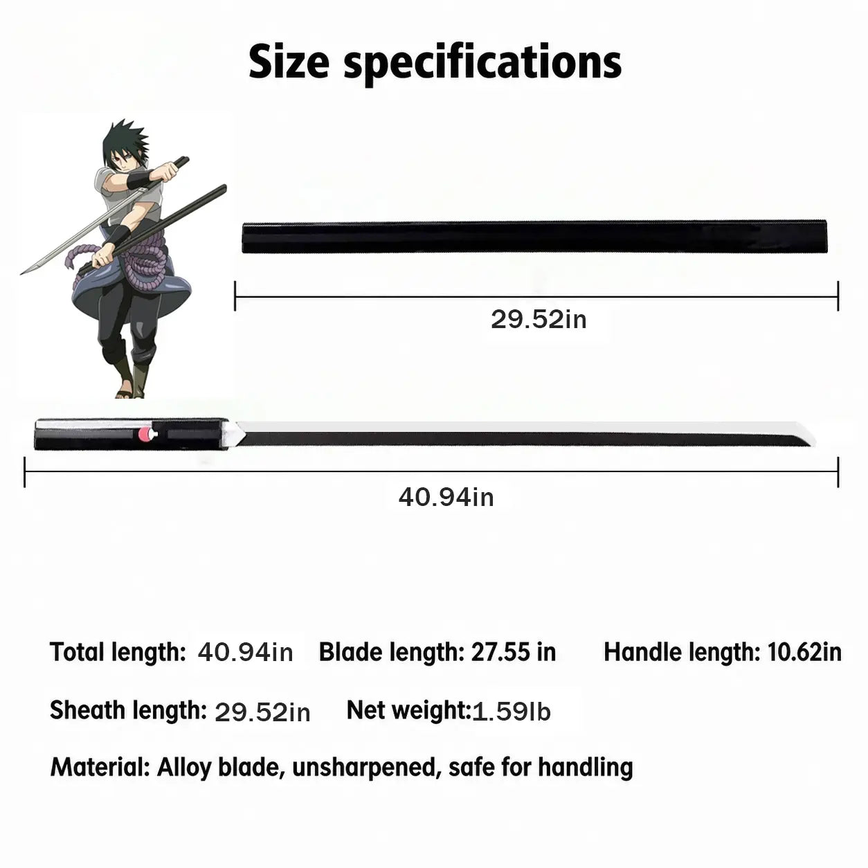 Naruto Shippuden Cosplay Weapon Sasuke Kusanagi Blade, Full Size 104Cm Wooden Unsharpened Sword, Black Gloss Sheath with Uchiha Clan Logo, Safe Costume Prop for Comic Con Halloween Anime Collection Toy Knife