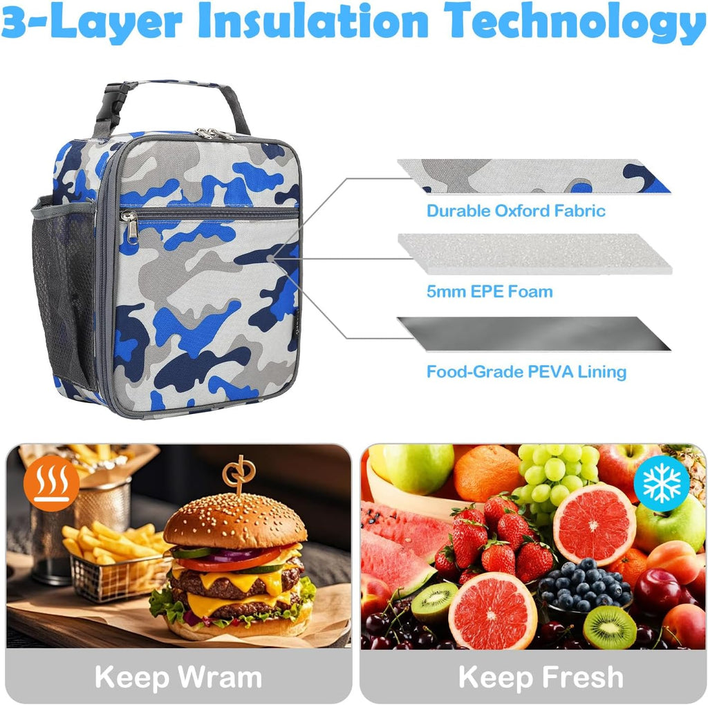 Kids Lunch Box Insulated Soft Bag Mini Cooler Back to School Thermal Meal Tote Kit for Girls, Boys, Camo