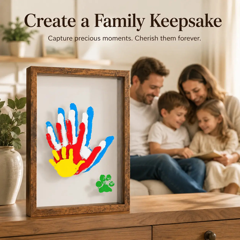 DIY Family Handprint Frame Kit, Solid Wood Shadow Box Keepsake Frame with Acrylic Sheets, Washable Paints, Brush & Marker, Family Handprint Art Craft Kit for Kids, Parents, Baby Nursery Decor, Birthday & Gift, Create Lasting Memories