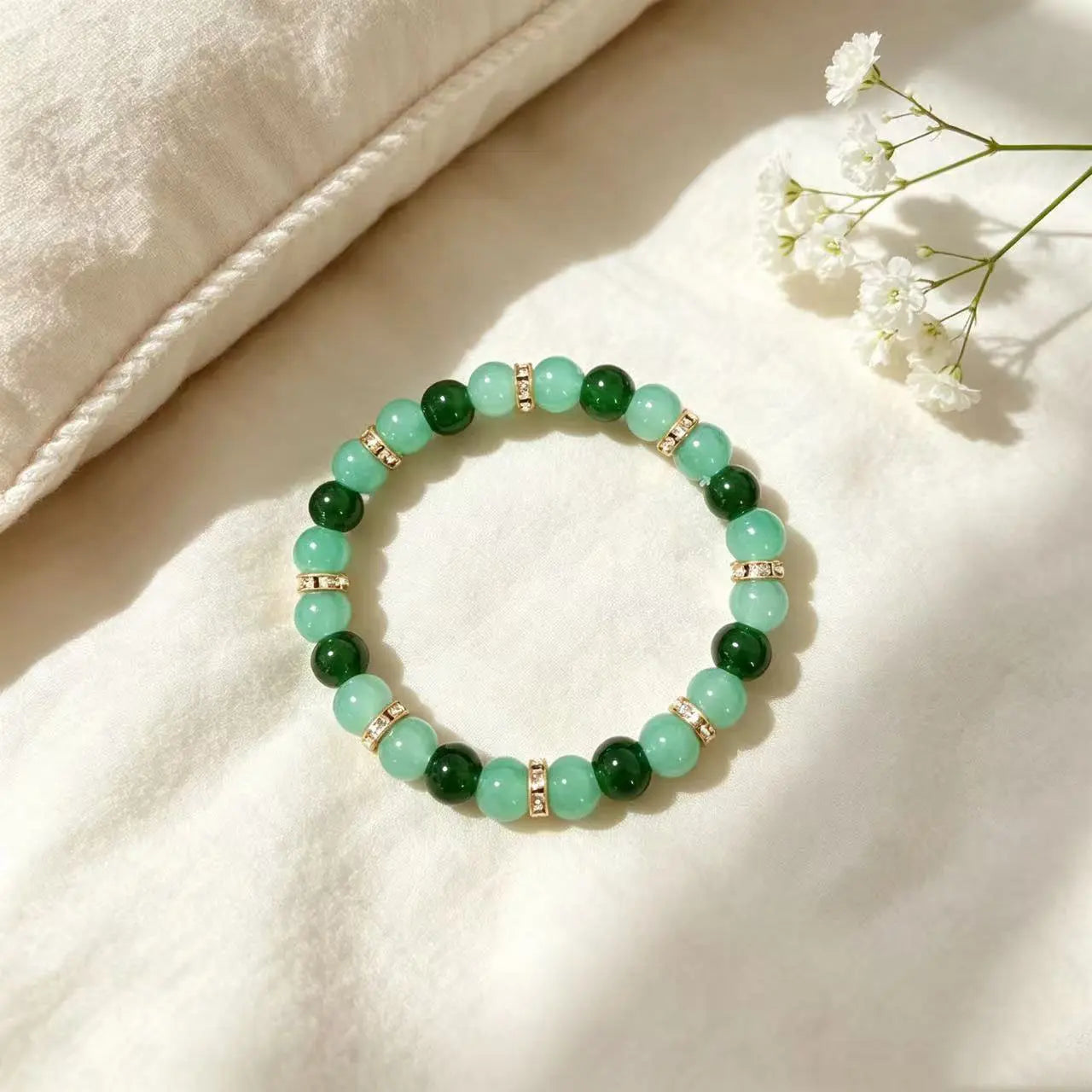 Lucky Charms Glass Bead Bracelet, Unisex 2-Tone Green and Gold Design for Daily Use, Symbol of Wealth and Good Luck, Unisex Wear, Lucky Charm, Inspirational Beaded Bracelet, Attract Abundance, Two-Tone Beads