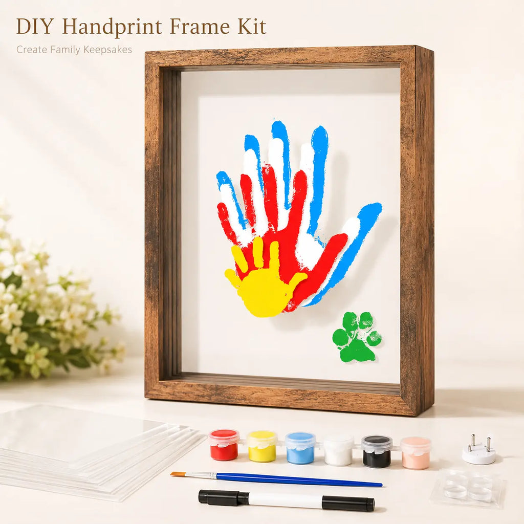 DIY Family Handprint Frame Kit, Solid Wood Shadow Box Keepsake Frame with Acrylic Sheets, Washable Paints, Brush & Marker, Family Handprint Art Craft Kit for Kids, Parents, Baby Nursery Decor, Birthday & Gift, Create Lasting Memories