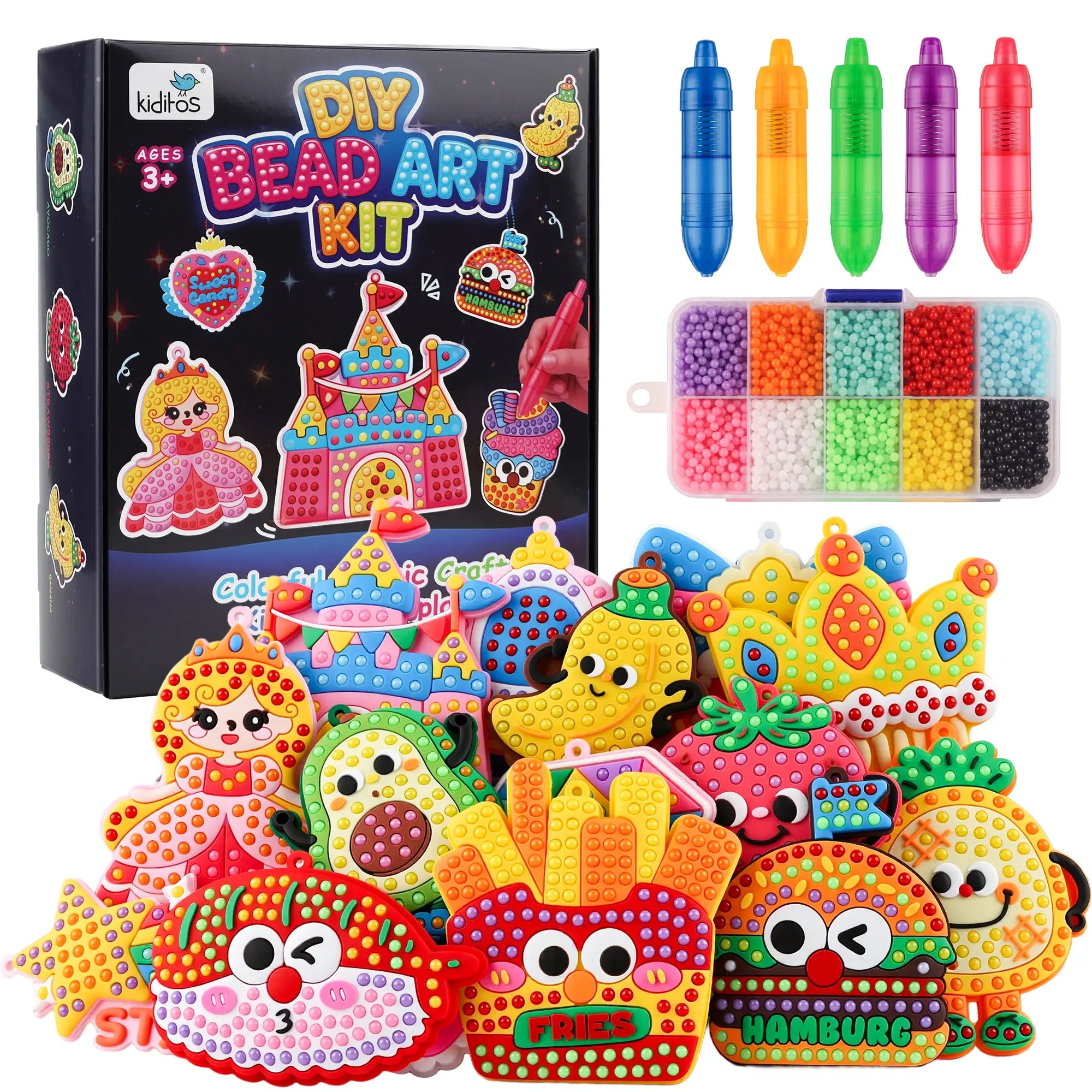 Kiditos DIY Bead Art & Mosaic Kit for Kids Ages 3+, All-In-One Arts & Crafts Supplies with Cute Templates & Bead Pens, Make Custom Jewelry Fine Motor Hands-On Activity, Perfect Birthday & Holiday Party Gift for Girls Boys