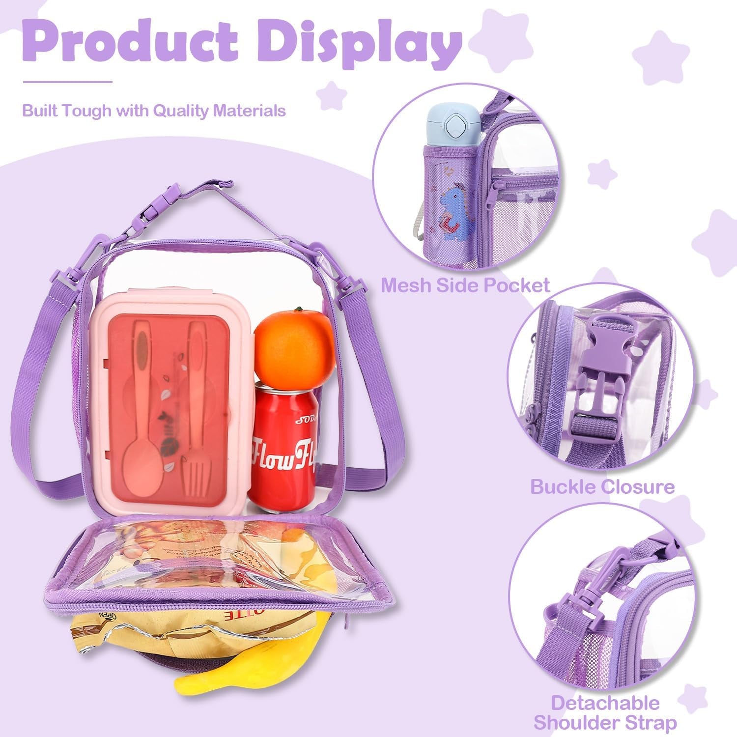 Kids Lunch Box Insulated Soft Bag Mini Cooler Back to School Thermal Meal Tote Kit for Girls, Boys, Purpleclear