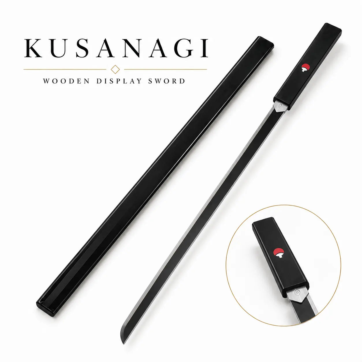 Naruto Shippuden Cosplay Weapon Sasuke Kusanagi Blade, Full Size 104Cm Wooden Unsharpened Sword, Black Gloss Sheath with Uchiha Clan Logo, Safe Costume Prop for Comic Con Halloween Anime Collection Toy Knife