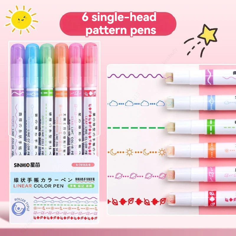 6-24Pcs/Set Heart Flower Line Shape Highlighter Pen Roller Tip Curve Liner Marker Kawaii Cute Stationery School Supplies