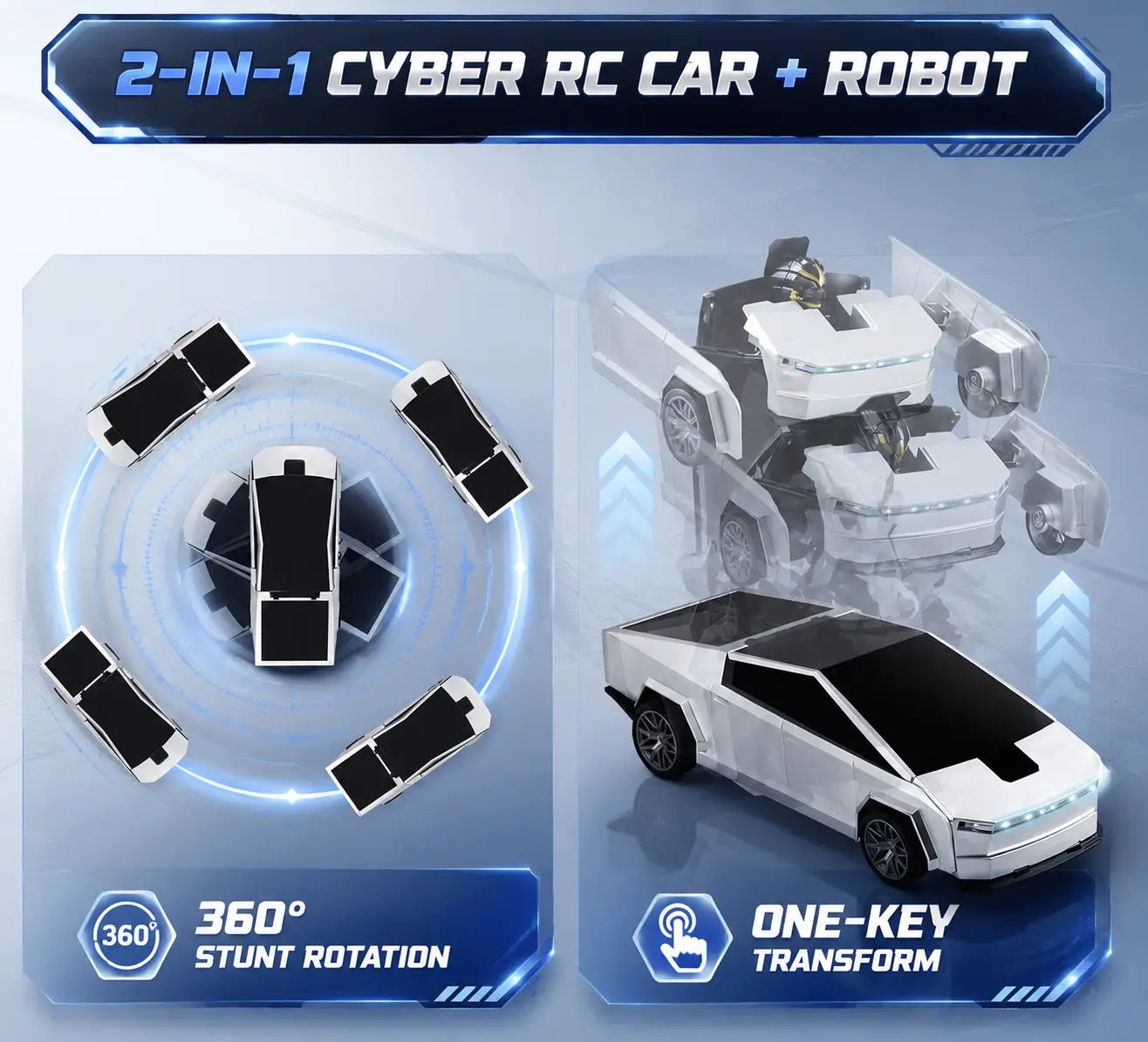 Cyber RC Transforming Car Toy, 4WD Drift Remote Control Truck with One-Button Automatic Transformation, 360° Spin & LED Lights, Futuristic Robot Vehicle Gift for Boys Tibibee Transform Easter Rc Gift Set 4-7 8-12 High-Quality Ab Plastic Gift