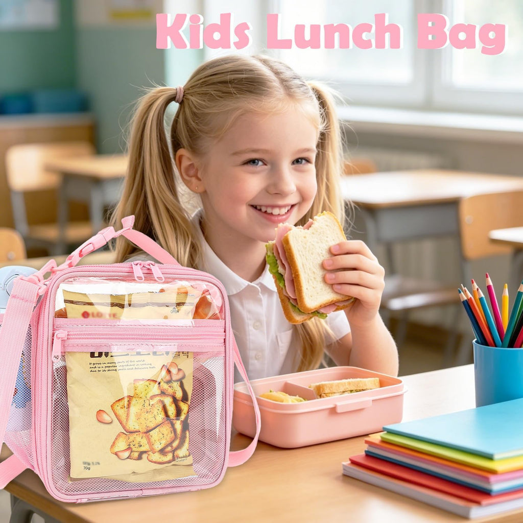 Kids Lunch Box Insulated Soft Bag Mini Cooler Back to School Thermal Meal Tote Kit for Girls, Boys, Pinkclear