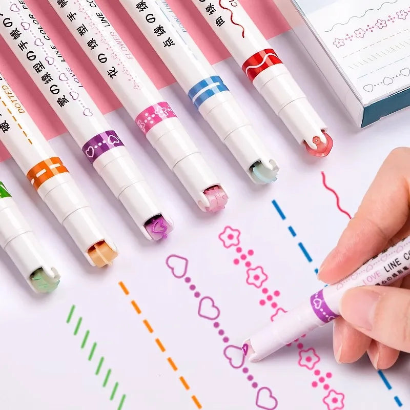6-24Pcs/Set Heart Flower Line Shape Highlighter Pen Roller Tip Curve Liner Marker Kawaii Cute Stationery School Supplies