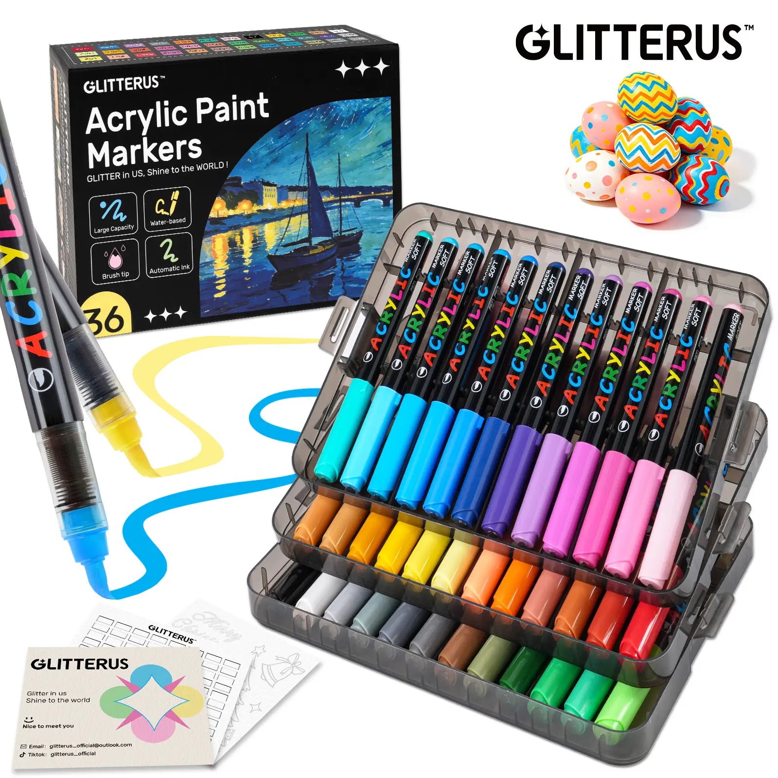 Glitterus Acrylic Markers Set (36/48/72 Colors, Stackable Box) - Automatic Ink Control, Waterproof Flexible Brush Tip, High-Opacity Lightfast Acrylic Painting Pens, Craft Supplies for Adults, Ready Office Art Stationery, Summersale, Tiktokshopbacktoschool