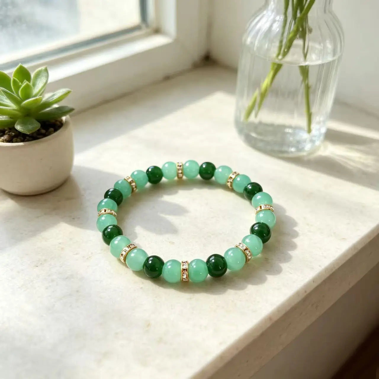 Lucky Charms Glass Bead Bracelet, Unisex 2-Tone Green and Gold Design for Daily Use, Symbol of Wealth and Good Luck, Unisex Wear, Lucky Charm, Inspirational Beaded Bracelet, Attract Abundance, Two-Tone Beads