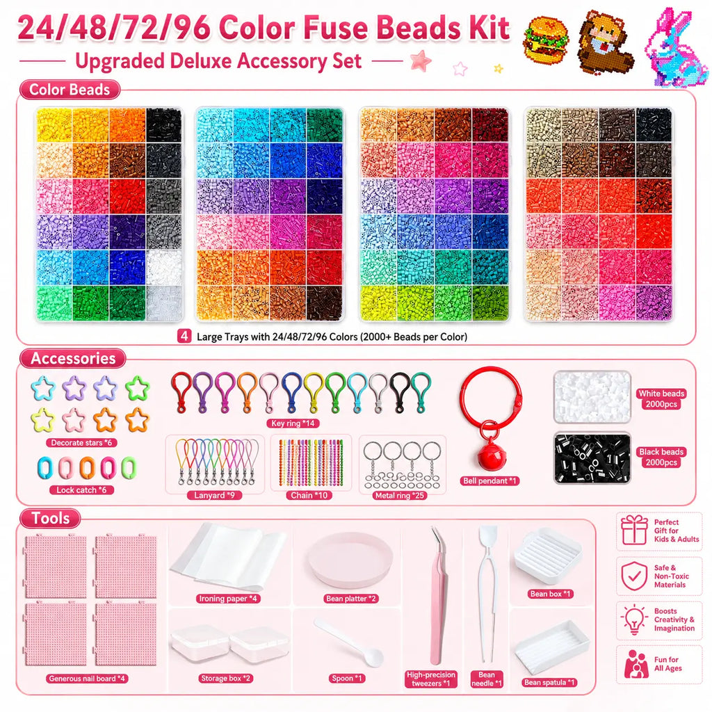 24/48/72/96 Colors DIY Fuse Beads Craft Set Complete Kit with Storage Case Pegboards Tweezers Ironing Paper for Creative Art Handmade Gifts Home Activities Educational Toys for Kids & Adults Alphabet Perler