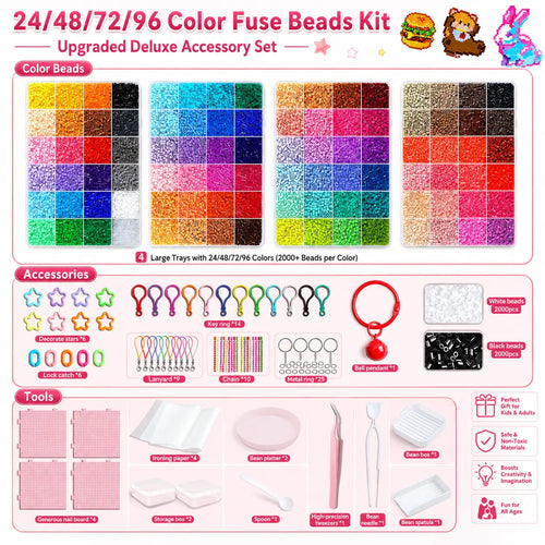 24/48/72/96 Colors DIY Fuse Beads Craft Set Complete Kit with Storage Case Pegboards Tweezers Ironing Paper for Creative Art Handmade Gifts Home Activities Educational Toys for Kids & Adults Alphabet Perler