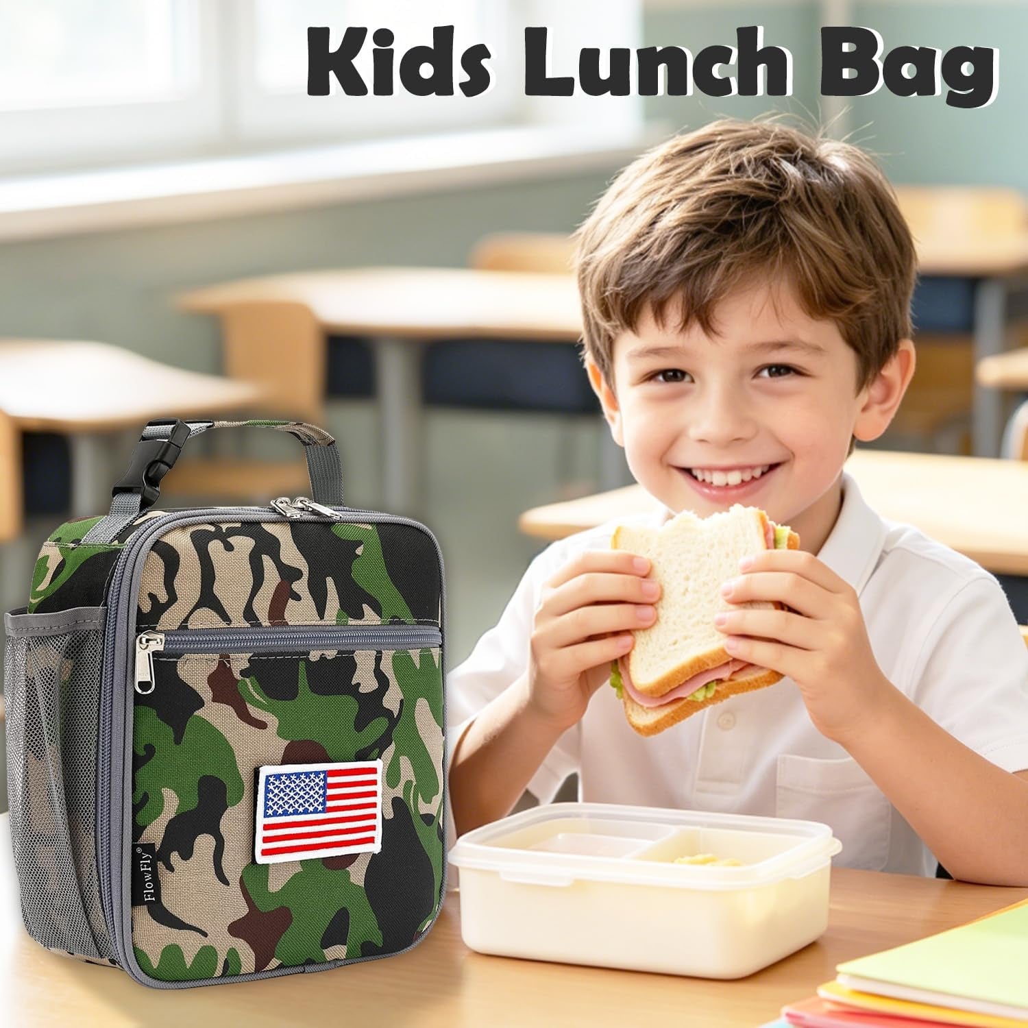 Kids Lunch Box Insulated Soft Bag Mini Cooler Back to School Thermal Meal Tote Kit for Girls, Boys,Flag