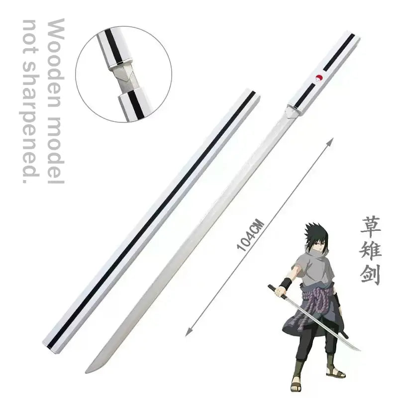 Naruto Shippuden Cosplay Weapon Sasuke Kusanagi Blade, Full Size 104Cm Wooden Unsharpened Sword, Black Gloss Sheath with Uchiha Clan Logo, Safe Costume Prop for Comic Con Halloween Anime Collection Toy Knife