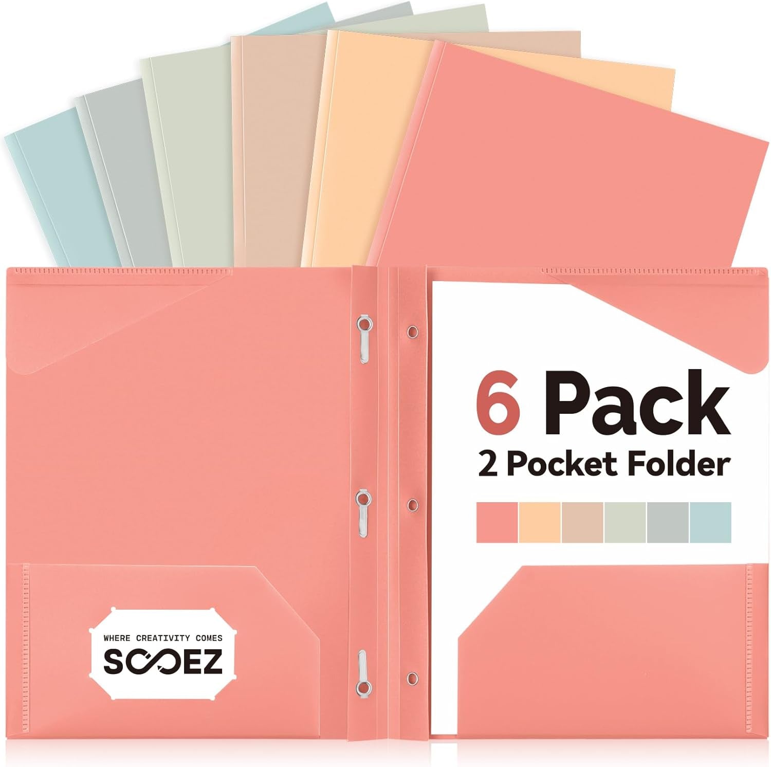 Plastic Folders with Pockets and Prongs, Pocket Folders with Prongs | 6 Pack Heavy Duty 3 Prong 2-Pocket Folders for Document, Colored File Folder Back to School Supplies for Kids