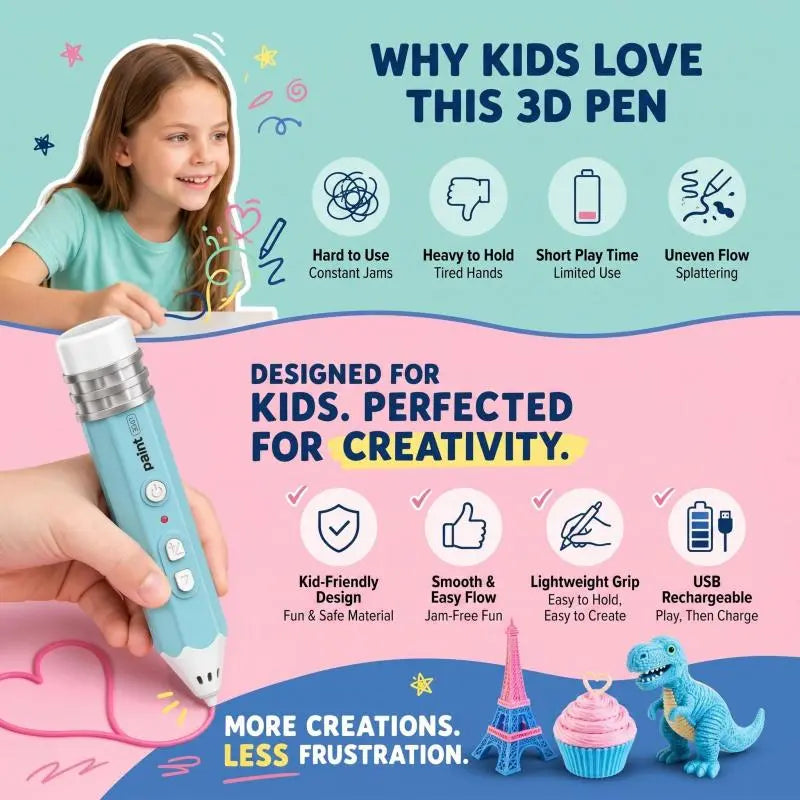 Kid-Friendly 3D Pen for Beginners - Easy-To-Use Rechargeable Handheld Art Tool, Handmade Gifts for Family Time, Includes Premium PLA Filament Material, Templates & Step-By-Step Guide Art Toy Printed Pen Stem Pen 3D Printer Pen for Kids Wireless 3D Printin