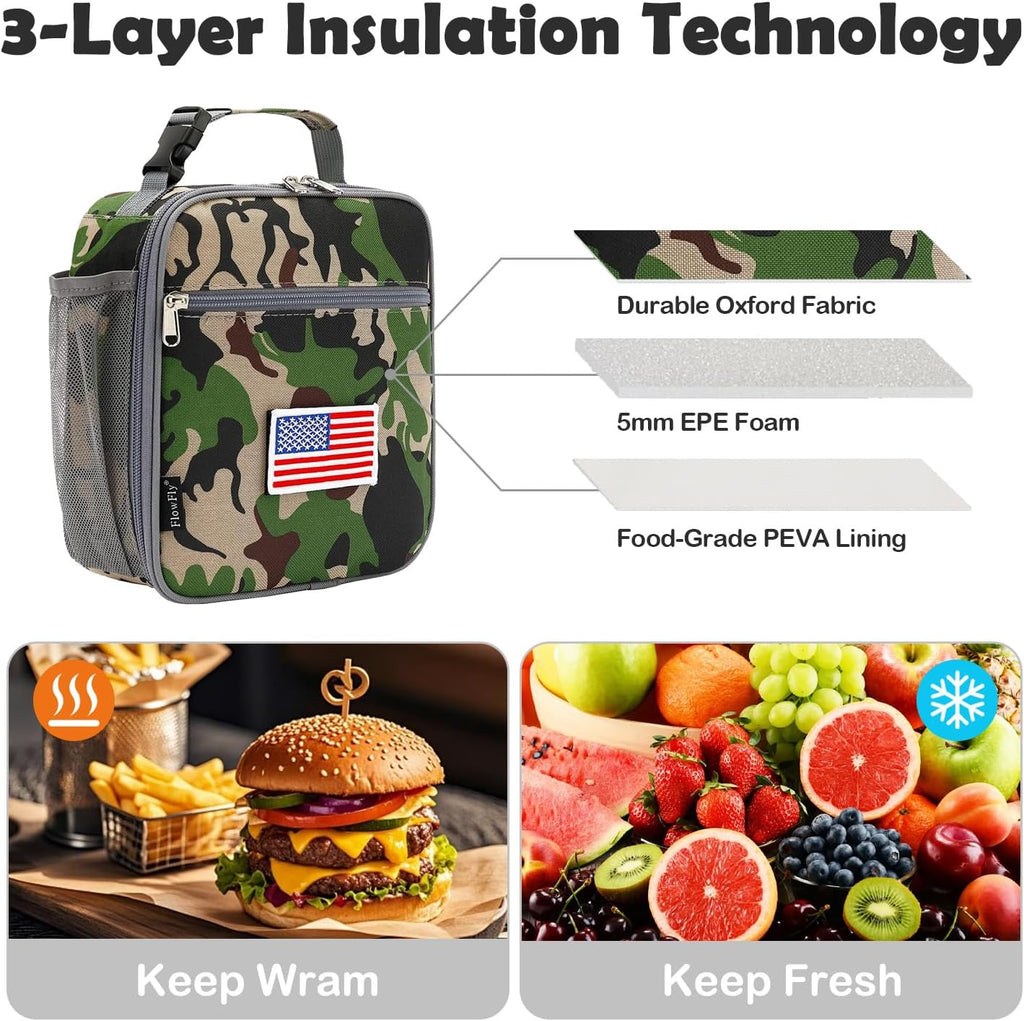 Kids Lunch Box Insulated Soft Bag Mini Cooler Back to School Thermal Meal Tote Kit for Girls, Boys,Flag
