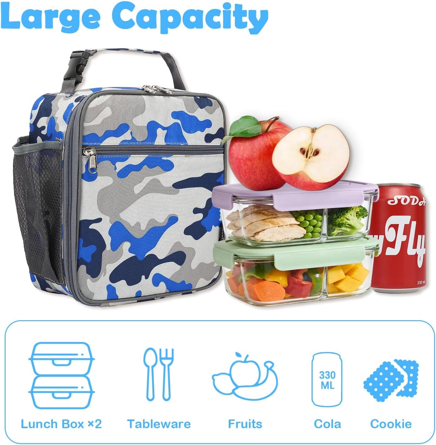 Kids Lunch Box Insulated Soft Bag Mini Cooler Back to School Thermal Meal Tote Kit for Girls, Boys, Camo