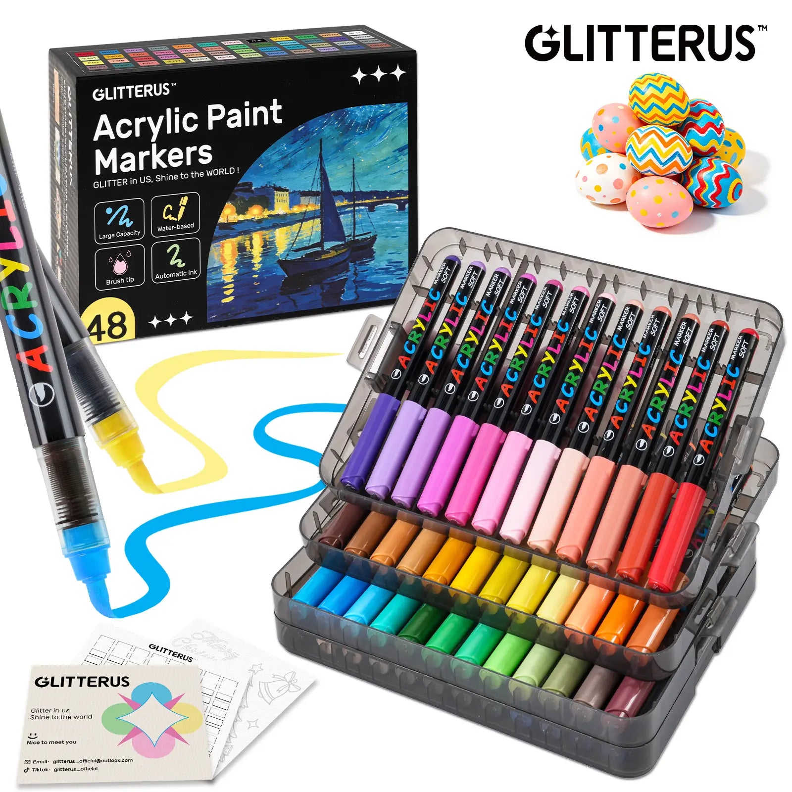 Glitterus Acrylic Markers Set (36/48/72 Colors, Stackable Box) - Automatic Ink Control, Waterproof Flexible Brush Tip, High-Opacity Lightfast Acrylic Painting Pens, Craft Supplies for Adults, Ready Office Art Stationery, Summersale, Tiktokshopbacktoschool
