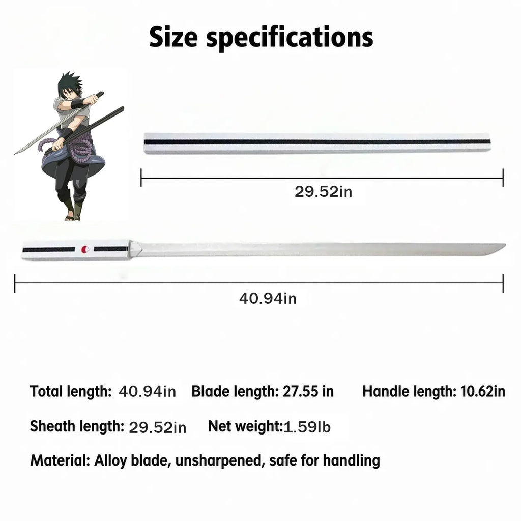 Naruto Shippuden Cosplay Weapon Sasuke Kusanagi Blade, Full Size 104Cm Wooden Unsharpened Sword, Black Gloss Sheath with Uchiha Clan Logo, Safe Costume Prop for Comic Con Halloween Anime Collection Toy Knife