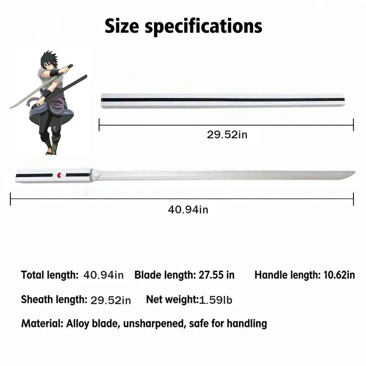 Naruto Shippuden Cosplay Weapon Sasuke Kusanagi Blade, Full Size 104Cm Wooden Unsharpened Sword, Black Gloss Sheath with Uchiha Clan Logo, Safe Costume Prop for Comic Con Halloween Anime Collection Toy Knife