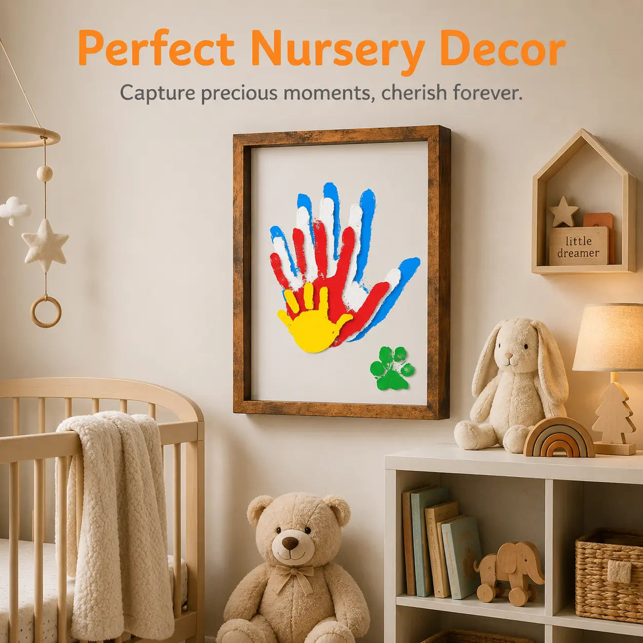 DIY Family Handprint Frame Kit, Solid Wood Shadow Box Keepsake Frame with Acrylic Sheets, Washable Paints, Brush & Marker, Family Handprint Art Craft Kit for Kids, Parents, Baby Nursery Decor, Birthday & Gift, Create Lasting Memories