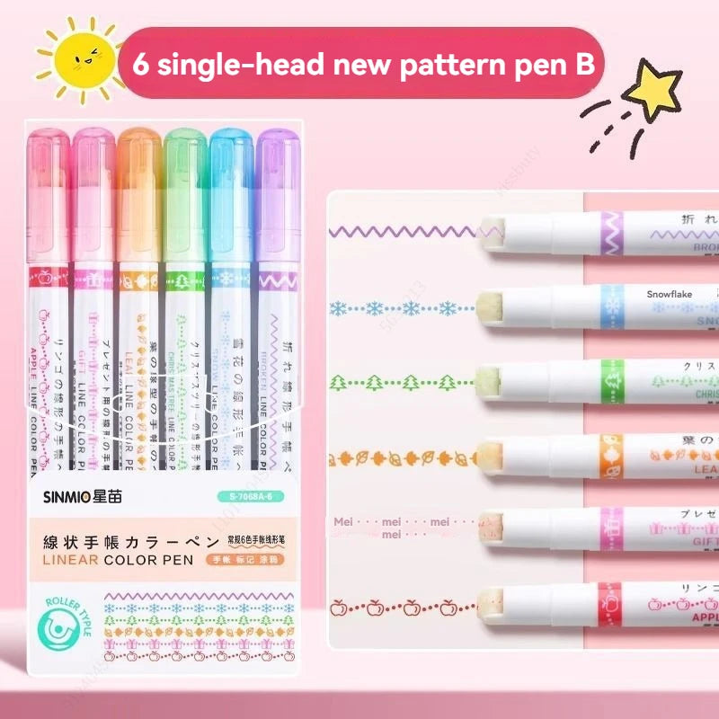 6-24Pcs/Set Heart Flower Line Shape Highlighter Pen Roller Tip Curve Liner Marker Kawaii Cute Stationery School Supplies