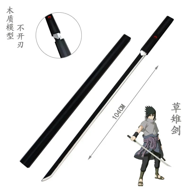 Naruto Shippuden Cosplay Weapon Sasuke Kusanagi Blade, Full Size 104Cm Wooden Unsharpened Sword, Black Gloss Sheath with Uchiha Clan Logo, Safe Costume Prop for Comic Con Halloween Anime Collection Toy Knife