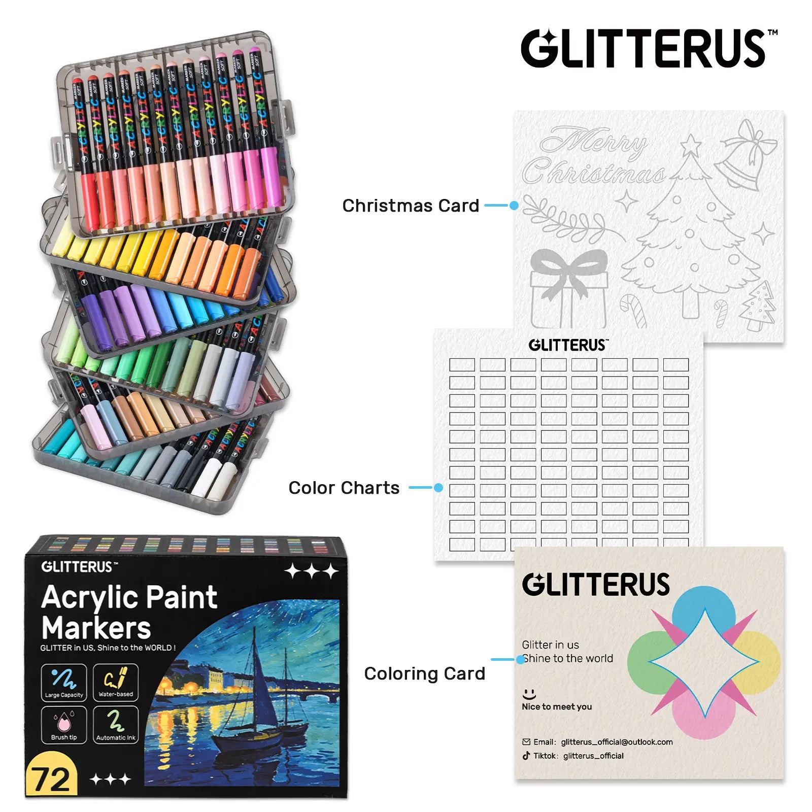Glitterus Acrylic Markers Set (36/48/72 Colors, Stackable Box) - Automatic Ink Control, Waterproof Flexible Brush Tip, High-Opacity Lightfast Acrylic Painting Pens, Craft Supplies for Adults, Ready Office Art Stationery, Summersale, Tiktokshopbacktoschool