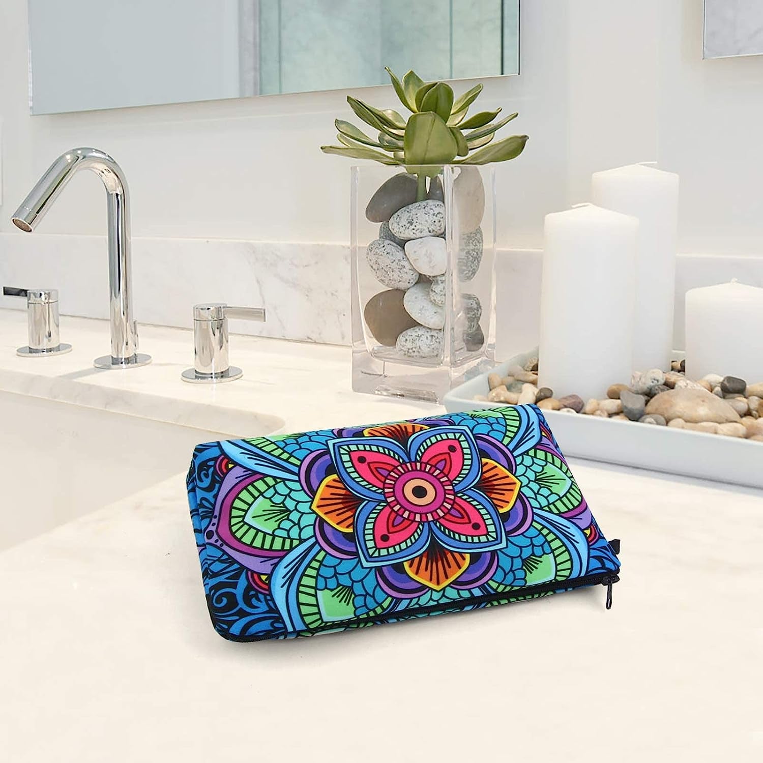 Small Makeup Bag, Portable Travel Cosmetic Bag Zipper Pouch Waterproof Makeup Pouch Multifunctional Small Bag for Women (1 Pack, Dark Blue Flower 0179)