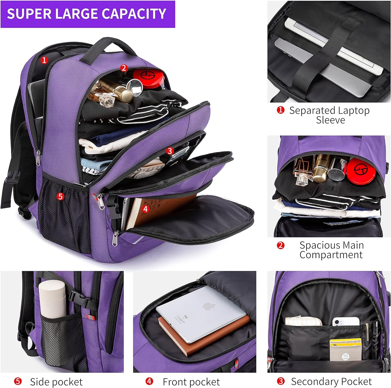 Travel Laptop Backpack,17.3 Inch Large Capacity College School Bookbags,Rfid anti Theft Pocket,Durable Water Resistant Backpacks Computer Bagpack for Women Girls Teenagers Casual Daypack,Purple | Large Capacity, RFID anti Theft Pocket, Water Resistant, for Women Girls Teenagers