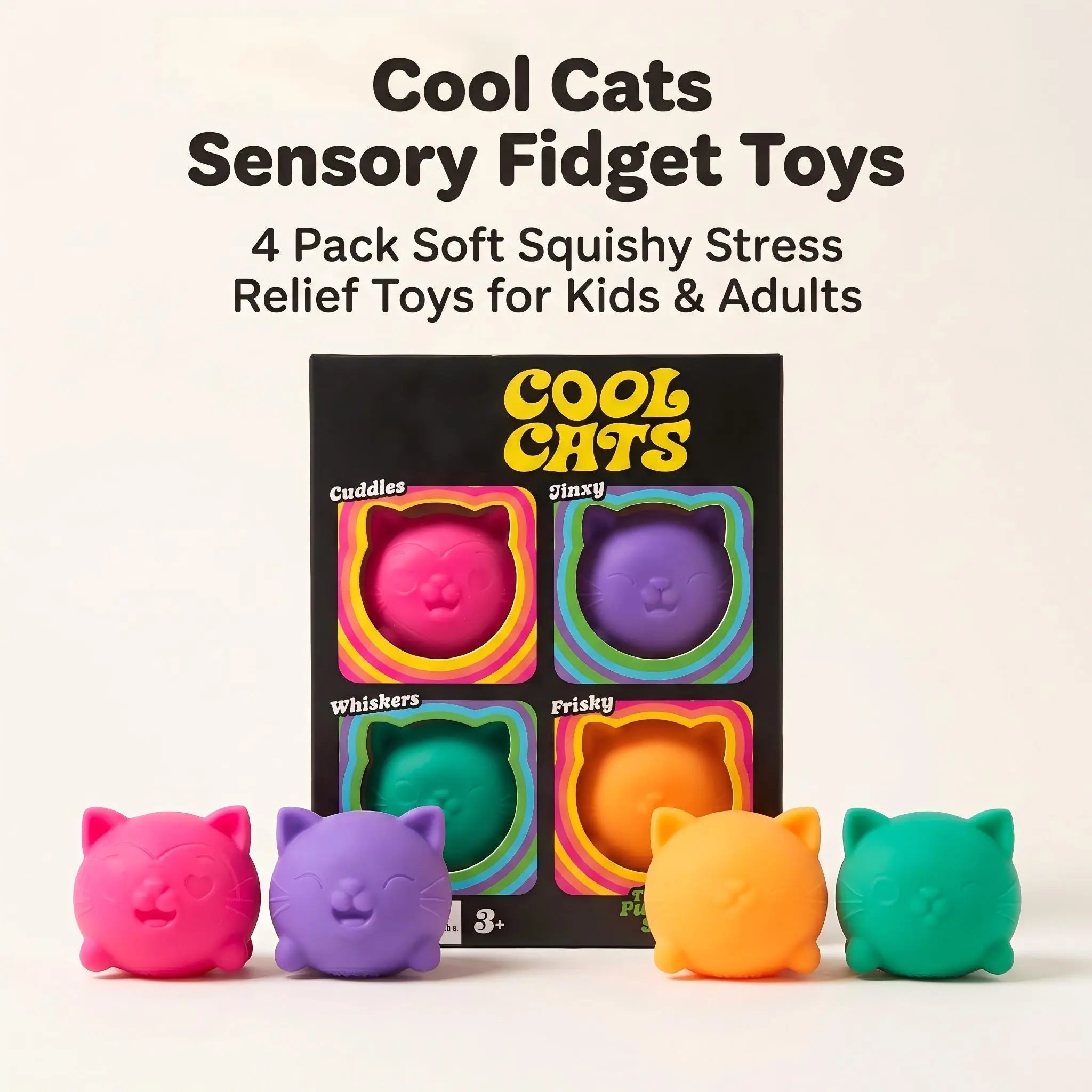 Teenie Cool Cats Squish Fidget Toy, 4 Pack Cute Cat Slow Rebound Stress Relief Balls, Silent Pocket Sensory Anxiety Squishy, Portable Desk Fidget Gift for Kids Teens Adults, Kawaii Animal Stress Toy Set