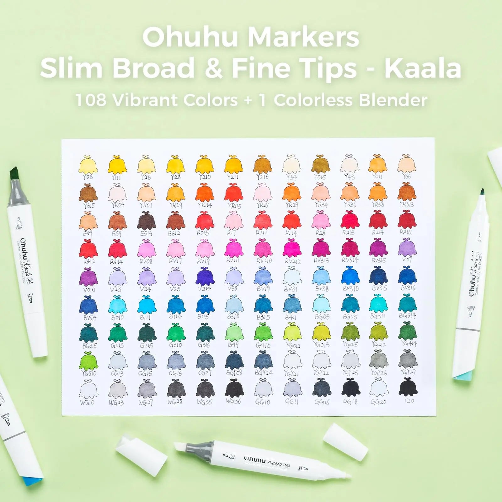Ohuhu Kaala Series Alcohol Markers - 108 Colors, Fine & Slim Broad Chisel Dual Tips, Alcohol-Based Refillable, 1 Colorless Blender, Markers for Coloring, Artistry, Artist Lifetime Use for Illustration Drawing Manga
