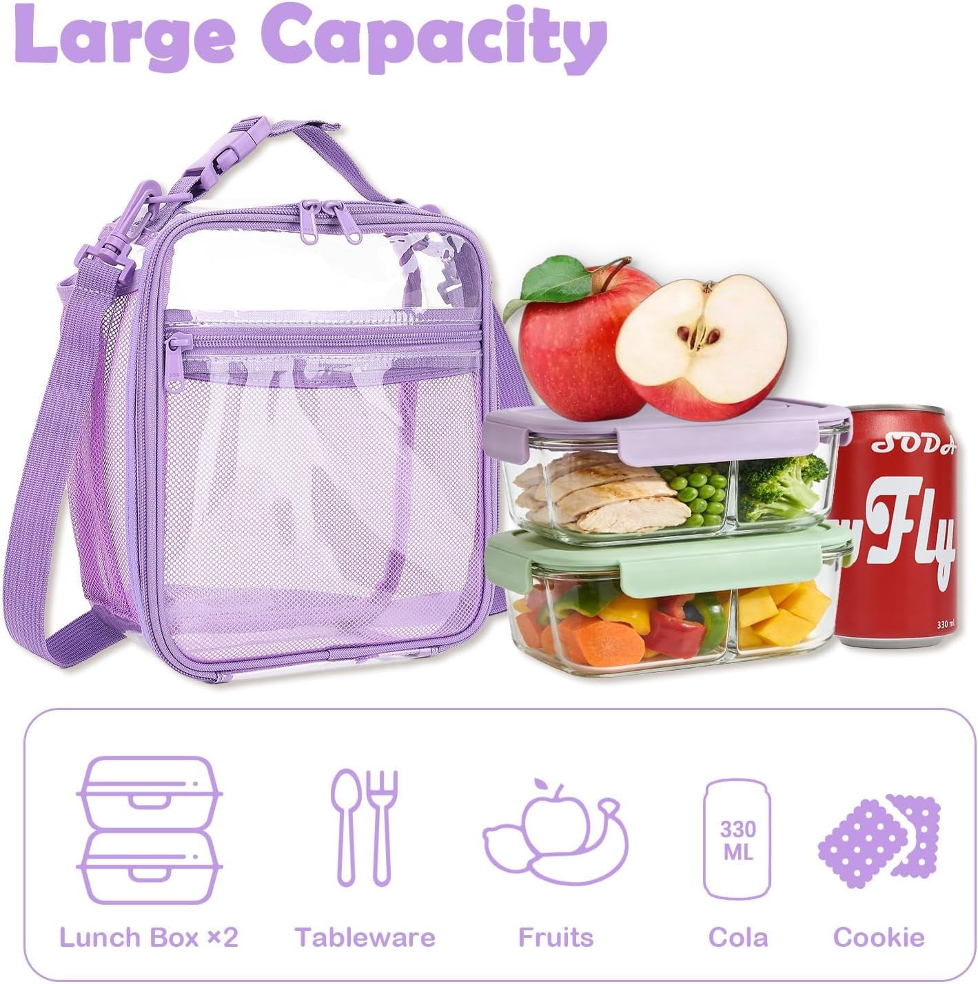 Kids Lunch Box Insulated Soft Bag Mini Cooler Back to School Thermal Meal Tote Kit for Girls, Boys, Purpleclear