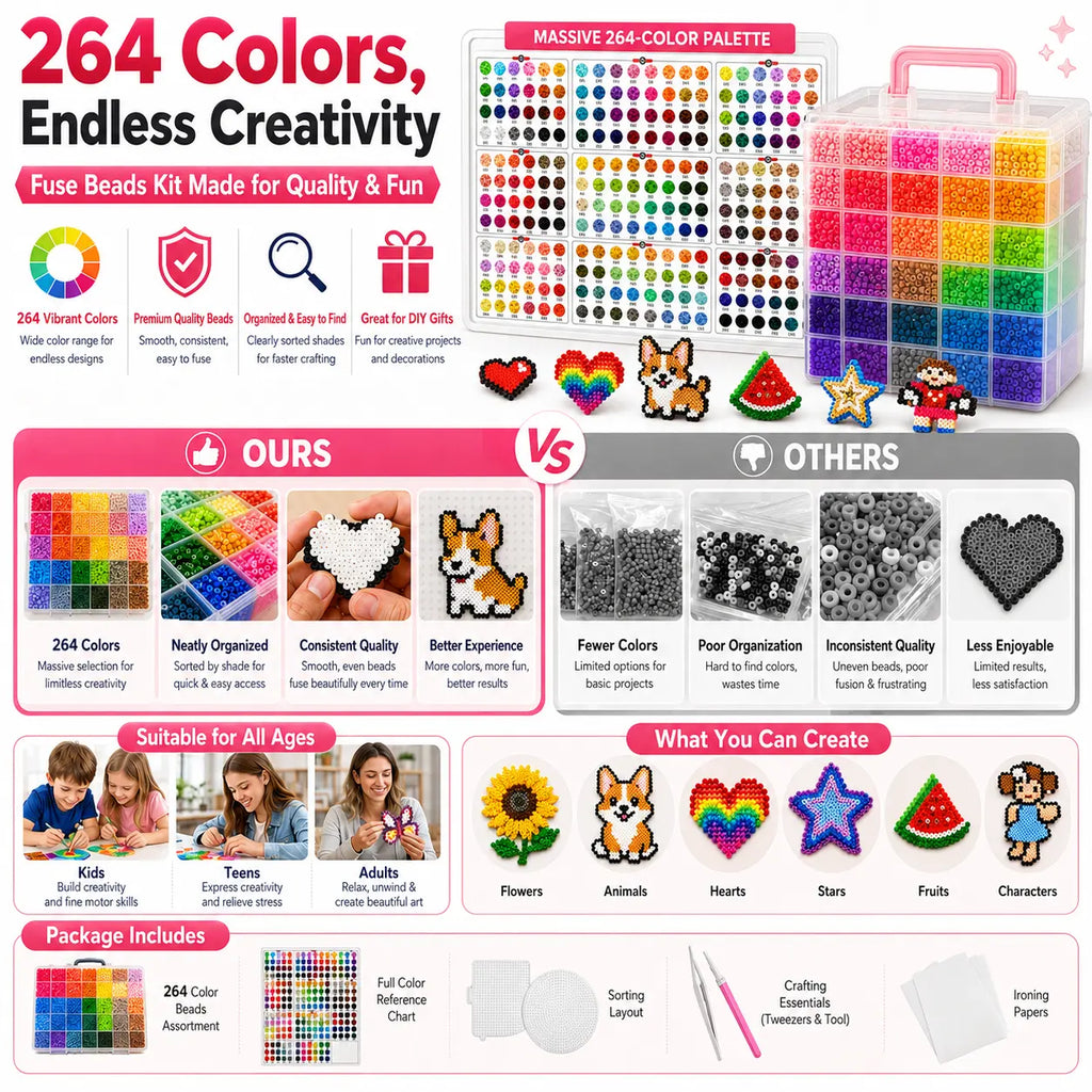 24/48/72/96 Colors DIY Fuse Beads Craft Set Complete Kit with Storage Case Pegboards Tweezers Ironing Paper for Creative Art Handmade Gifts Home Activities Educational Toys for Kids & Adults Alphabet Perler