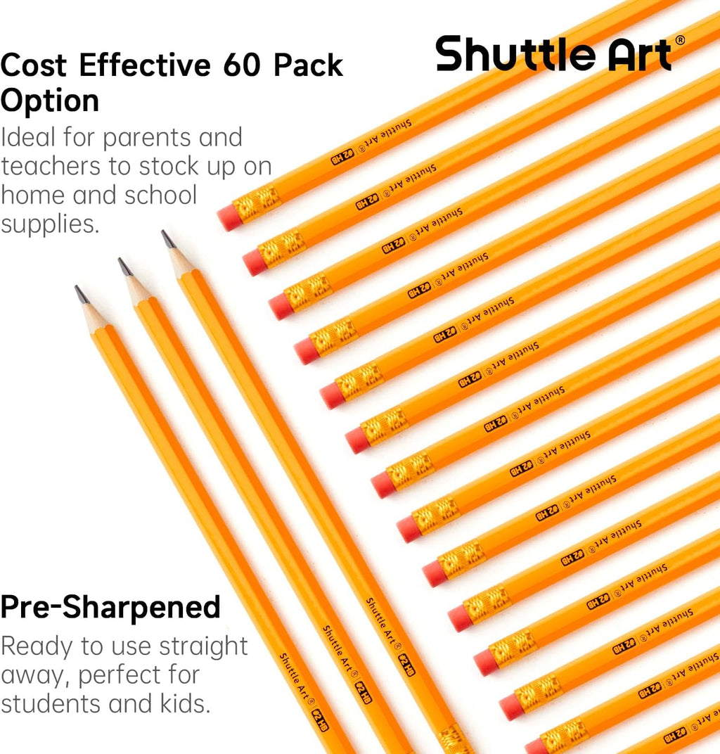 60 Pack Pencils, #2 HB, Pre-Sharpened Pencils with Top Erasers, Premium Woodcased Yellow Pencil Bulk for Classroom & School Supplies, Writing and Drawing